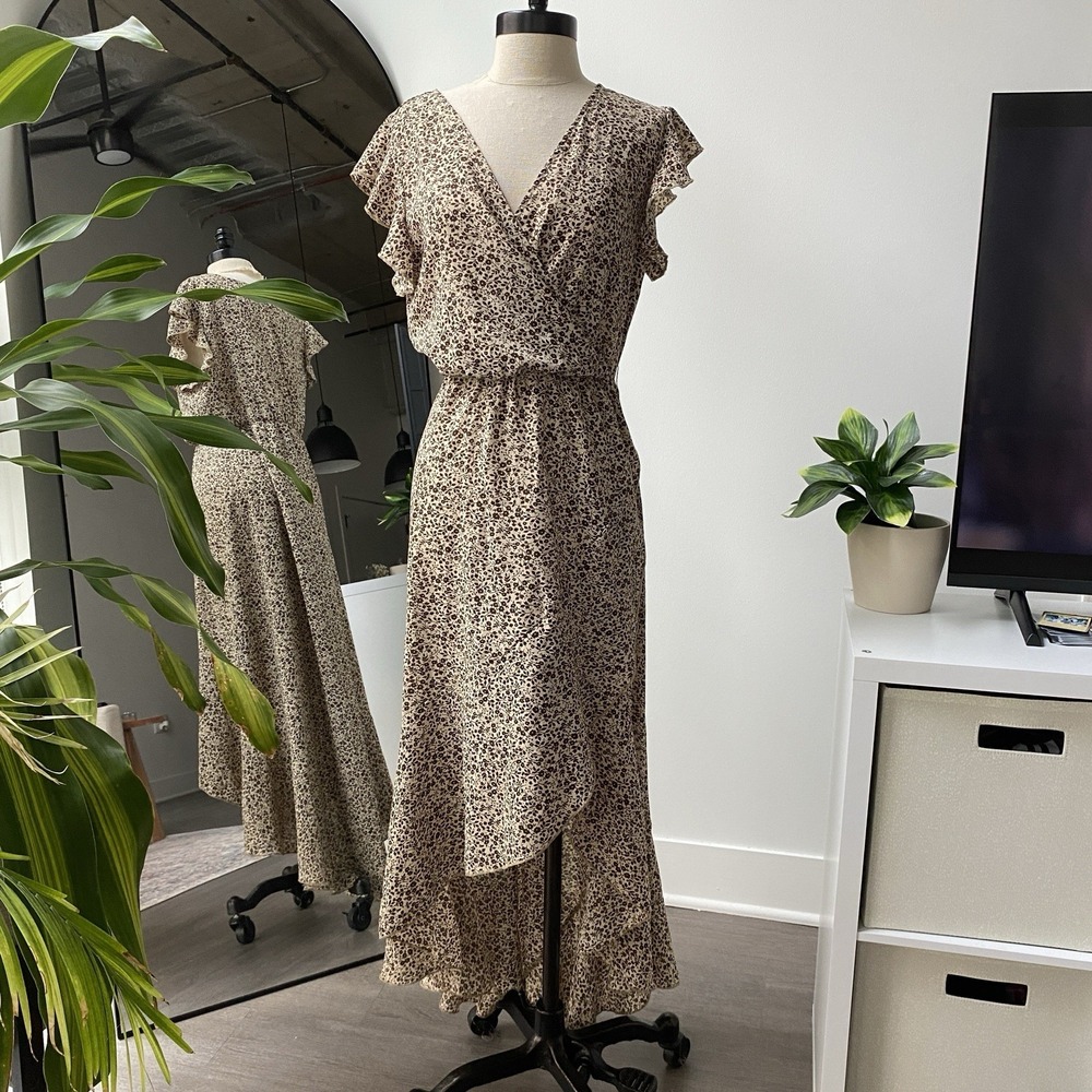 Grecerelle Med Hi-Low Brown Floral Wrap Flutter Sleeve Dress Cottage Core Fairy